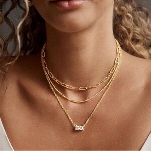 New! 24k Gold Plated Gold Square Crystal Layered Necklace